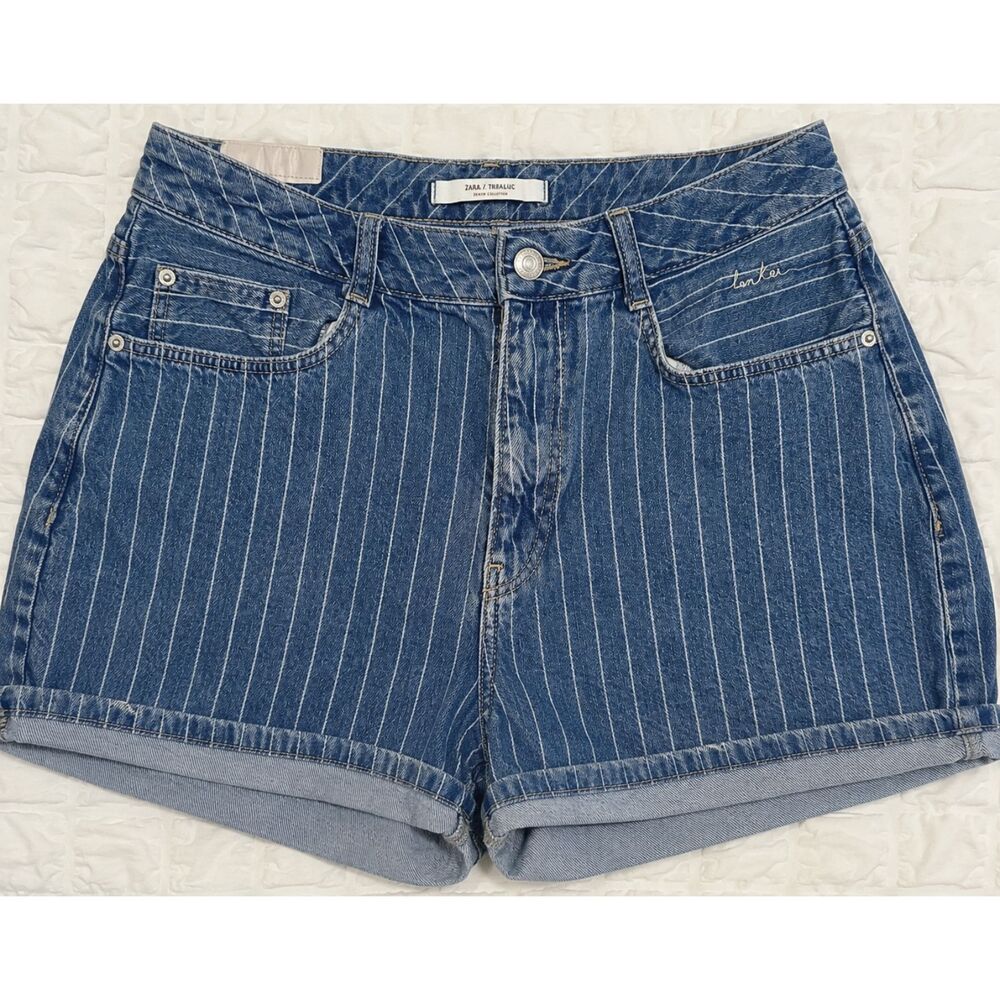 Zara Trafaluc Pinstripe Denim Shorts High Waisted Blue Cuffed Jean Shorts Size 6